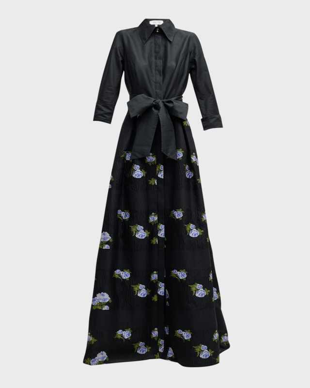 Floral-Embroidered A-Line Organza Shirt Gown